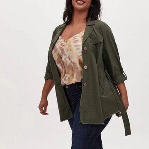 TORRID Olive Green Linen Self Tie Anorak Jacket 00 Medium 8 10